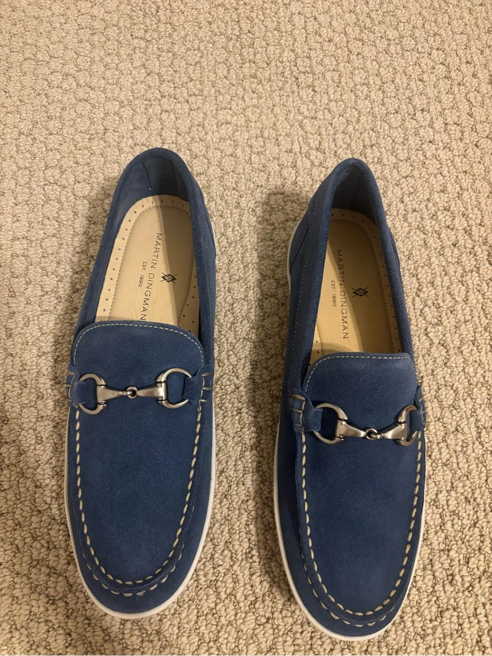Martin Dingman Navy Suede Slip-On Loafers with Silver Bit